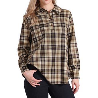 Plaid Blouse for Women Casual Lapel Collar Button Long Sleeve Shirt Top