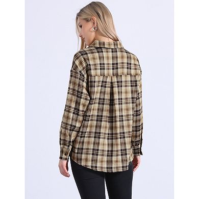 Plaid Blouse for Women Casual Lapel Collar Button Long Sleeve Shirt Top