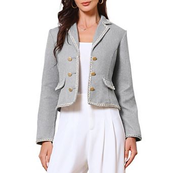 Dressy Casual Tweed Jacket for Women's Elegant Double Breasted Long Sleeve Crop Blazer