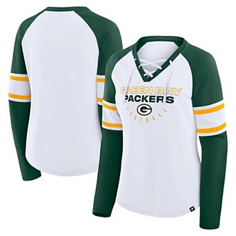 Women's Fanatics White/Green Green Bay Packers Redzone Blitz Package Raglan Lace-Up V-Neck Long Sleeve T-Shirt