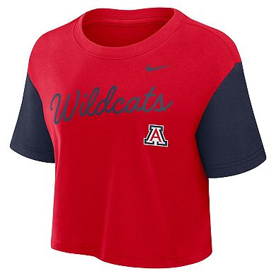 Women's Nike Red/Navy Arizona Wildcats Color-Block Script Dri-FIT Cropped T-Shirt