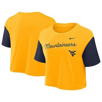 Women's Nike Gold/Navy West Virginia Mountaineers Color-Block Script Performance Cropped T-Shirt