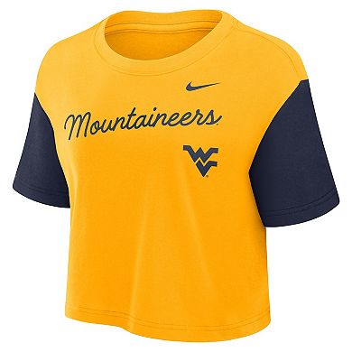 Women's Nike Gold/Navy West Virginia Mountaineers Color-Block Script Performance Cropped T-Shirt