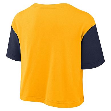 Women's Nike Gold/Navy West Virginia Mountaineers Color-Block Script Performance Cropped T-Shirt