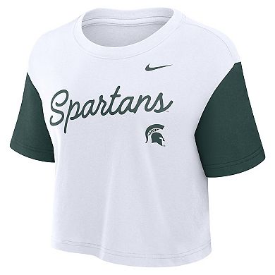 Women's Nike White/Green Michigan State Spartans Color-Block Script Performance Cropped T-Shirt