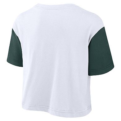Women's Nike White/Green Michigan State Spartans Color-Block Script Performance Cropped T-Shirt