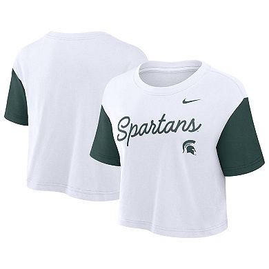 Women's Nike White/Green Michigan State Spartans Color-Block Script Performance Cropped T-Shirt