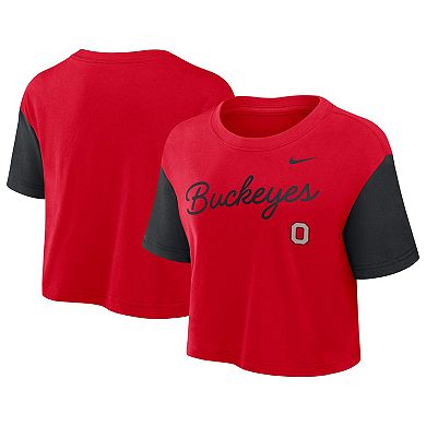 Women's Nike Scarlet/Black Ohio State Buckeyes Color-Block Script Dri-FIT Cropped T-Shirt