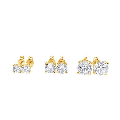 Gemstone Brilliance 3-Pair Lab Grown White Sapphire Round Stud Earrings Set