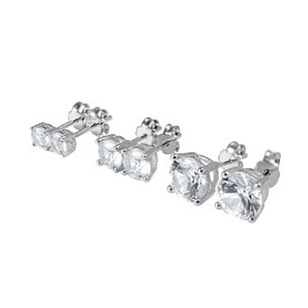 Gemstone Brilliance 3-Pair Lab Grown White Sapphire Round Stud Earrings Set