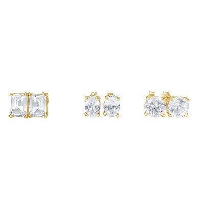 Gemstone Brilliance 3-Pair Lab Grown White Sapphire Stud Earrings Set