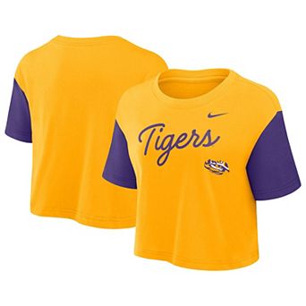 Women's Nike Gold/Purple LSU Tigers Color-Block Script Performance Cropped T-Shirt