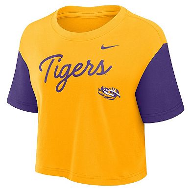 Women's Nike Gold/Purple LSU Tigers Color-Block Script Performance Cropped T-Shirt