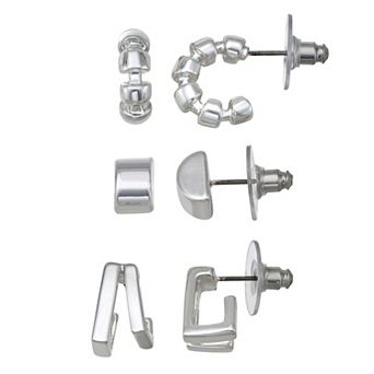 Nine West 3-Pair Silver Tone Geo Bar Post Earring Set