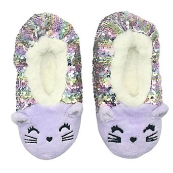 Girls Fuzzy Babba Girls 3D Ear Cat Slipper Socks With Reverse Sequins