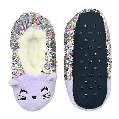 Girls Fuzzy Babba Girls 3D Ear Cat Slipper Socks With Reverse Sequins