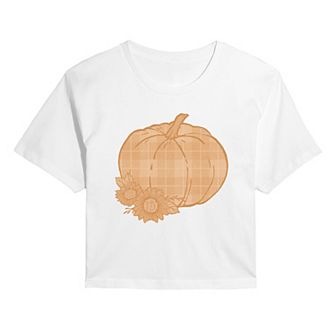 Juniors' Plaid Pumpkin Cropped Tee