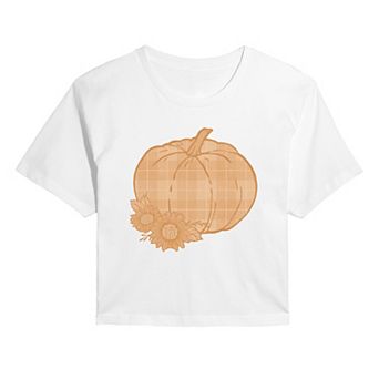 Juniors' Plaid Pumpkin Cropped Tee