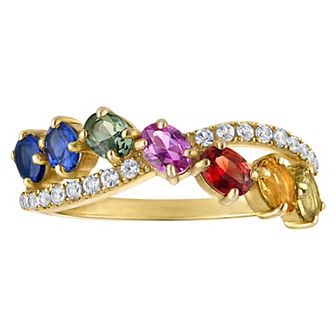 Designs by Gioelli 14k Gold Over Silver Multicolor Simulated Sapphire Crossover Ring