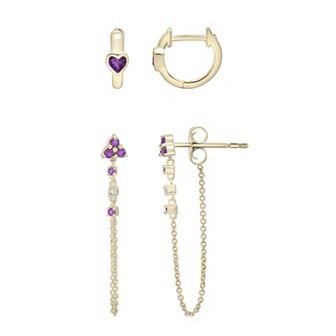 10k Gold Plated Sterling Silver Amethyst and Lab-Created White Sapphire Chain & Huggie Earrings Set
