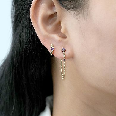 10k Gold Plated Sterling Silver Amethyst and Lab-Created White Sapphire Chain & Huggie Earrings Set