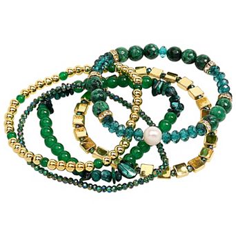 Emberly Gold Tone 4 pc Green Bead & Simulated Pearl Bracelet Set
