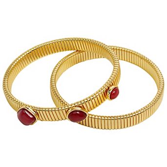 Emberly Gold Tone Ribbed Bead Bracelet Duo Set