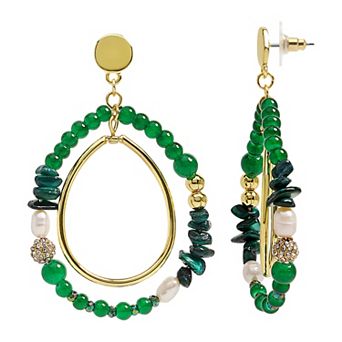 Emberly Gold Tone Green Bead & Simulated Pearl Ball Earrings
