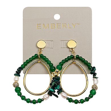 Emberly Gold Tone Green Bead & Simulated Pearl Ball Earrings