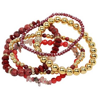 Emberly 5 pc Gold Tone Red Bead & Simulated Pearl Bracelet Set