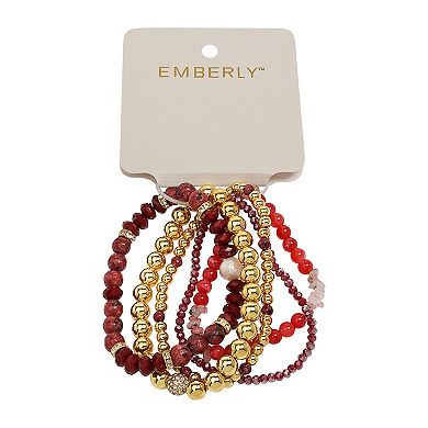Emberly 5-Piece Gold Tone Red Bead & Simulated Pearl Bracelet Set
