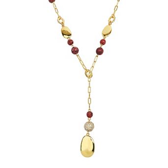 Emberly Gold Tone Red Simulated Stone Y Pendant Necklace