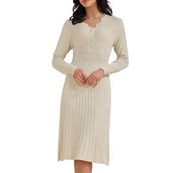 Women's Ribbed Knit Dress Long Sleeve V Neck Lightweight Sweater Elegant Pleated Dresses
