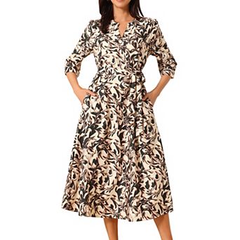 Women's Boho Dresses V Neck 3/4 Sleeve Button Cuff Tie Waist Midi Flowy Shirt Dress with Pockets