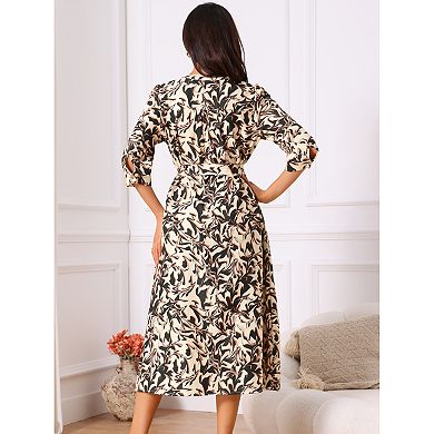 Women's Boho Dresses V Neck 3/4 Sleeve Button Cuff Tie Waist Midi Flowy Shirt Dress with Pockets