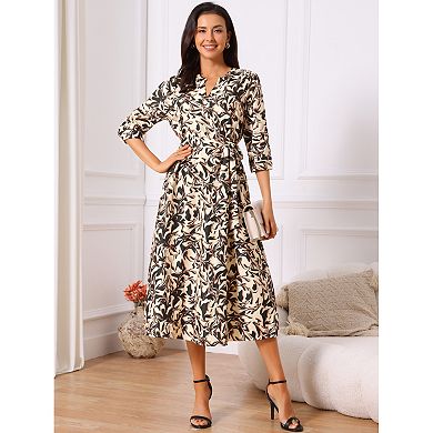 Women's Boho Dresses V Neck 3/4 Sleeve Button Cuff Tie Waist Midi Flowy Shirt Dress with Pockets
