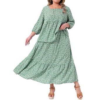 Women's Plus Size 2 pc Resort Set, Square Neck 3/4 Sleeve Floral Blouse and A Line Maxi Skirt