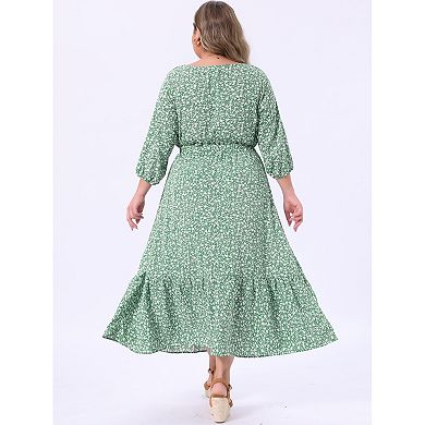 Women's Plus Size 2 Piece Resort Set, Square Neck 3/4 Sleeve Floral Blouse and A Line Maxi Skirt