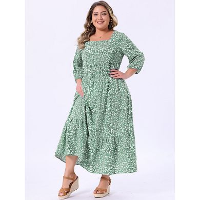 Women's Plus Size 2 Piece Resort Set, Square Neck 3/4 Sleeve Floral Blouse and A Line Maxi Skirt