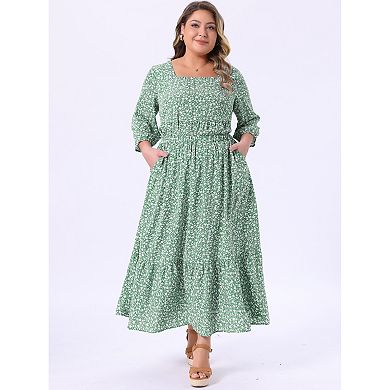 Women's Plus Size 2 Piece Resort Set, Square Neck 3/4 Sleeve Floral Blouse and A Line Maxi Skirt