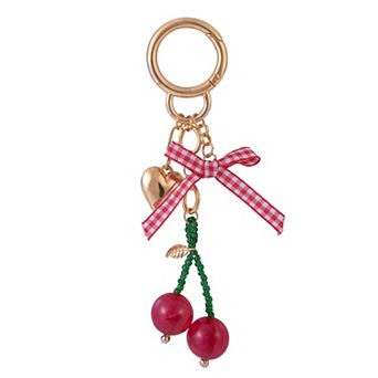 Emberly Red Beaded Cherry Bag Charm with Gingham Bow & Heart Accent