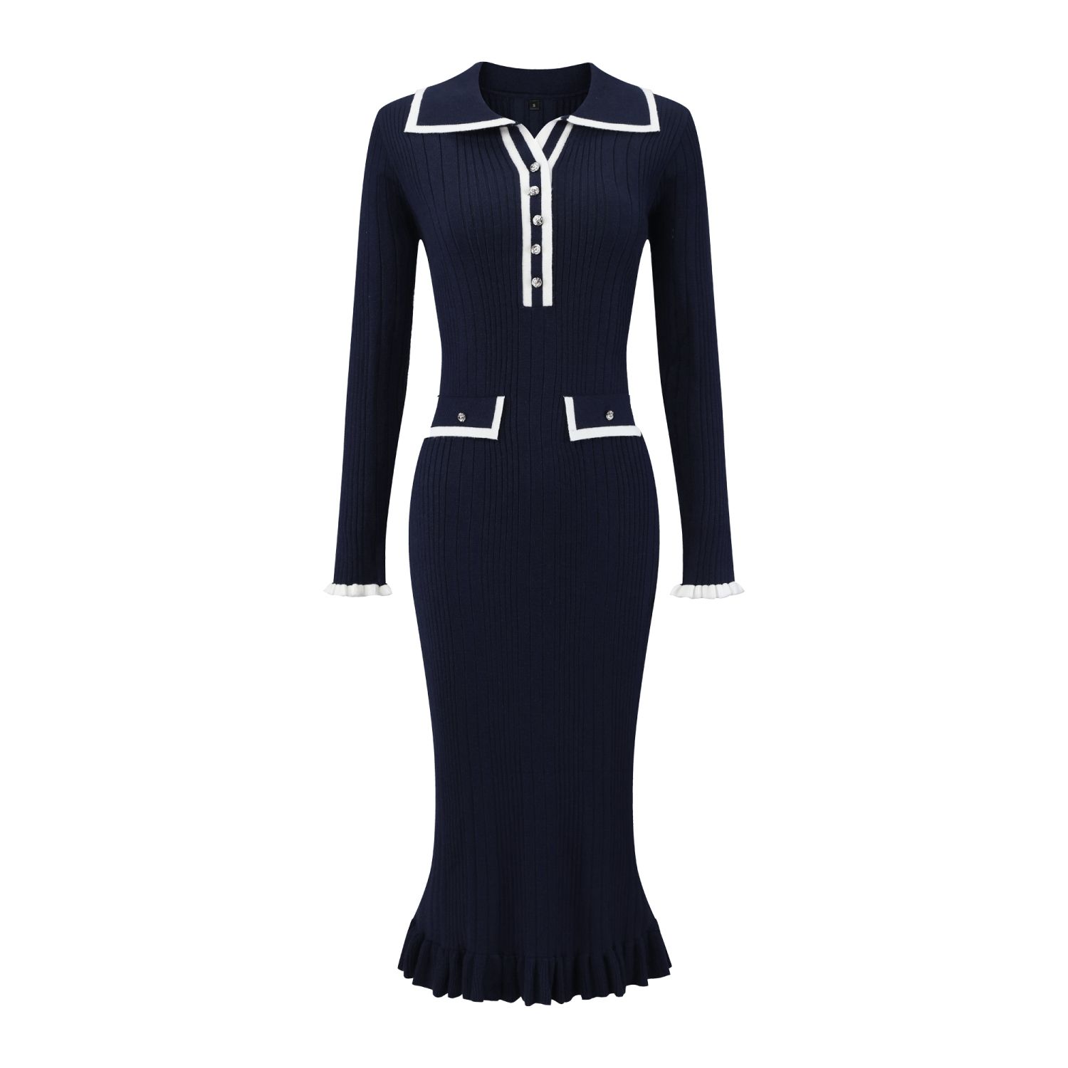 Women's Long Sleeve Sweater Dress Contrast Trim Ruffled Fall Winter Ribbed Knit Bodycon Dresses Women's Long Sleeve Sweater Dress Contrast Trim Ruffled Fall Winter Ribbed  Knit Bodycon Dresses