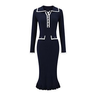 Women's Long Sleeve Sweater Dress Contrast Trim Ruffled Fall Winter Ribbed Knit Bodycon Dresses