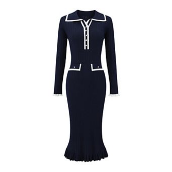 Women's Long Sleeve Sweater Dress Contrast Trim Ruffled Fall Winter Ribbed Knit Bodycon Dresses
