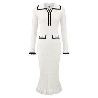 Women's Long Sleeve Sweater Dress Contrast Trim Ruffled Fall Winter Ribbed Knit Bodycon Dresses