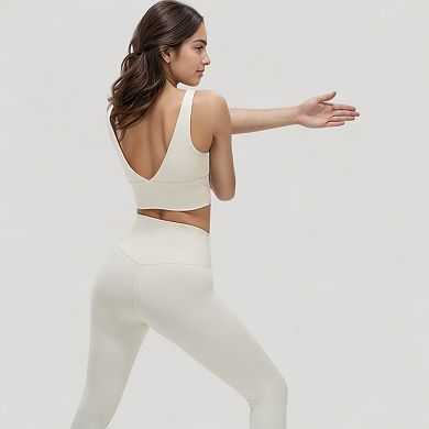 Women's Scoop Neck Longline Sports Bra with Wide Shoulder Straps and Deep V-Back Design