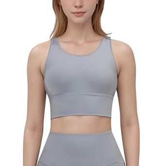 Women's Scoop Neck Longline Sports Bra with Wide Shoulder Straps and Deep V-Back Design