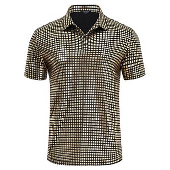 Men's 70s Disco T-Shirt Shiny Sequins Short Sleeve Party Polo Shirt Hipster Nightclub Prom Costume