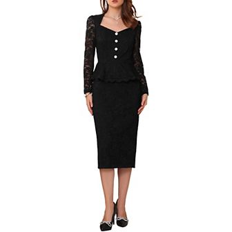 Women's Lace Formal 2 pc Suits Outfits Sweetheart Neck Peplum Top Elegant Cocktail Skirt Sets