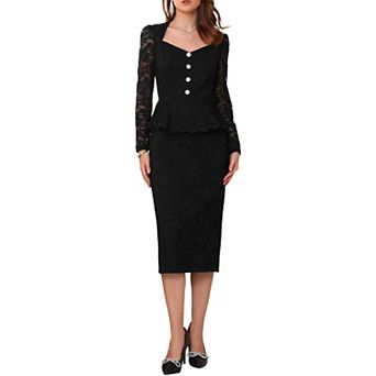 Women's Lace Formal 2 pc Suits Outfits Sweetheart Neck Peplum Top Elegant Cocktail Skirt Sets
